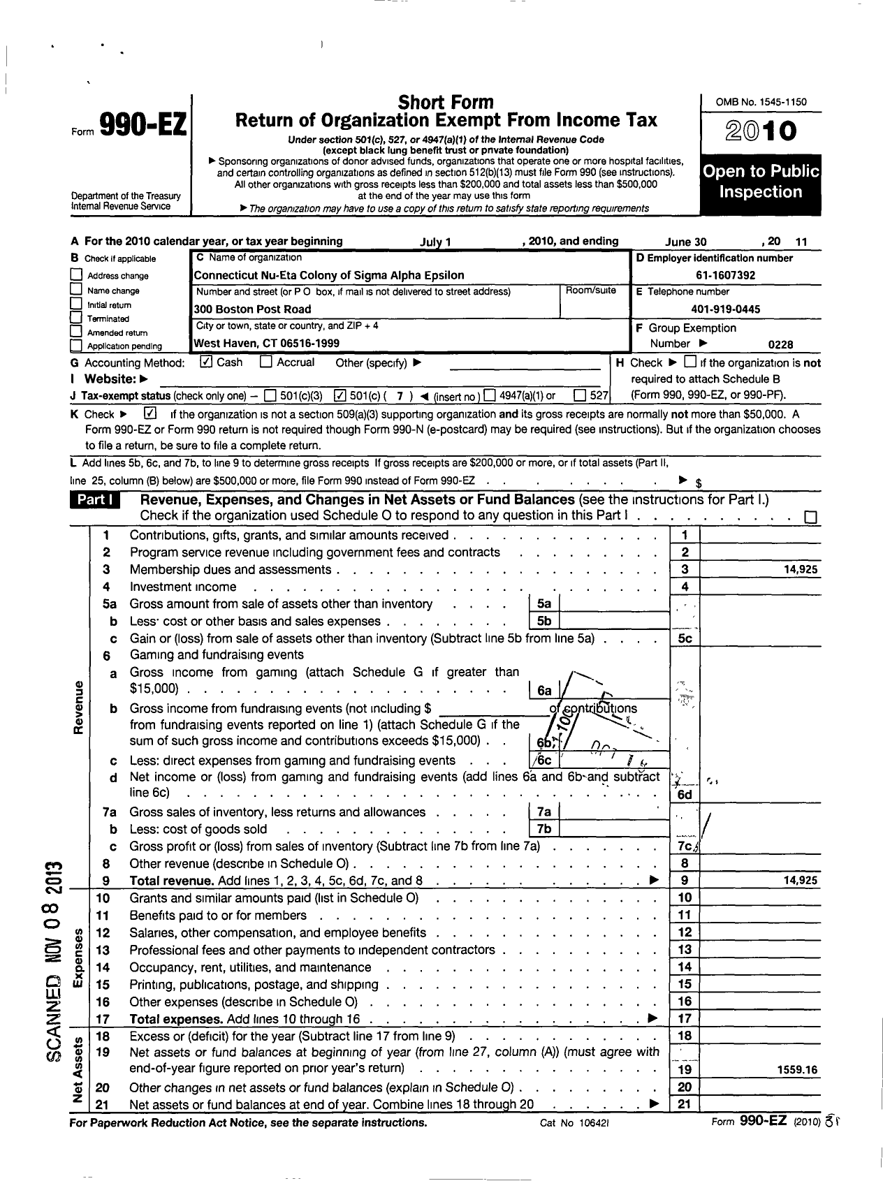 Image of first page of 2010 Form 990EO for Sigma Alpha Epsilon Fraternity