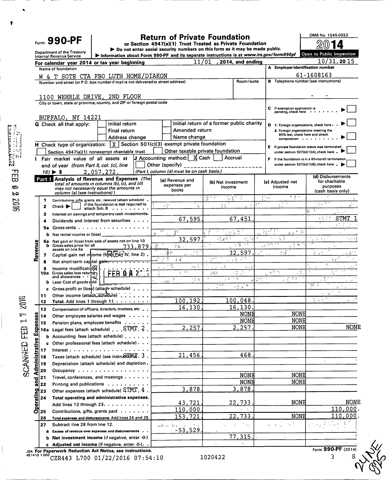 Image of first page of 2014 Form 990PF for W and T Sote Cta Fbo Luth Homediakon