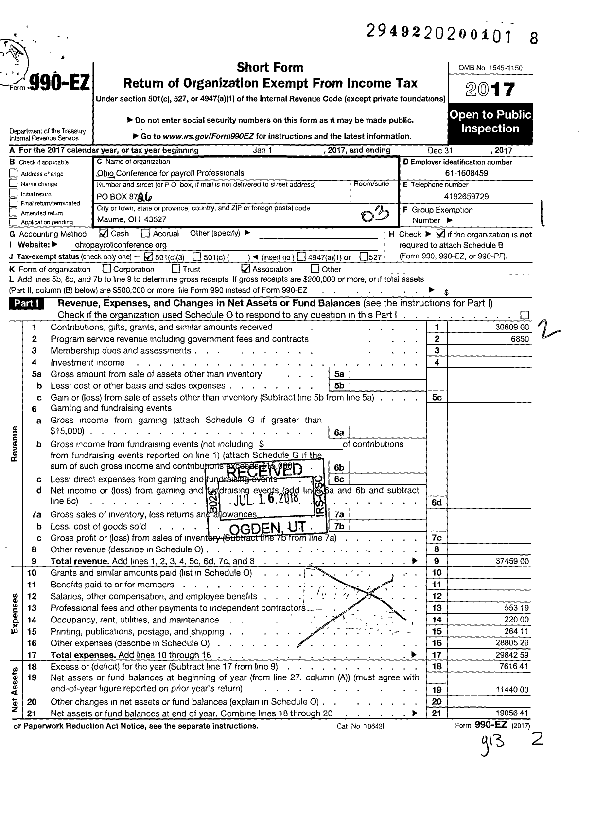 Image of first page of 2017 Form 990EZ for Ohio Conference of Payroll Professionals (OCPP)