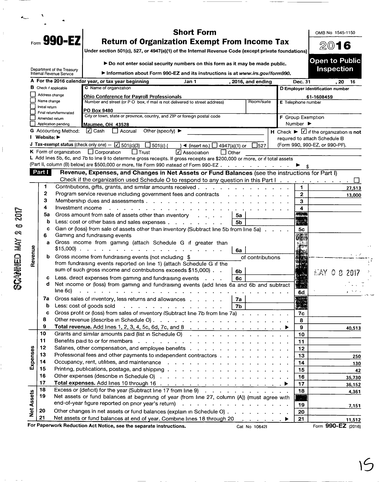 Image of first page of 2016 Form 990EZ for Ohio Conference of Payroll Professionals (OCPP)