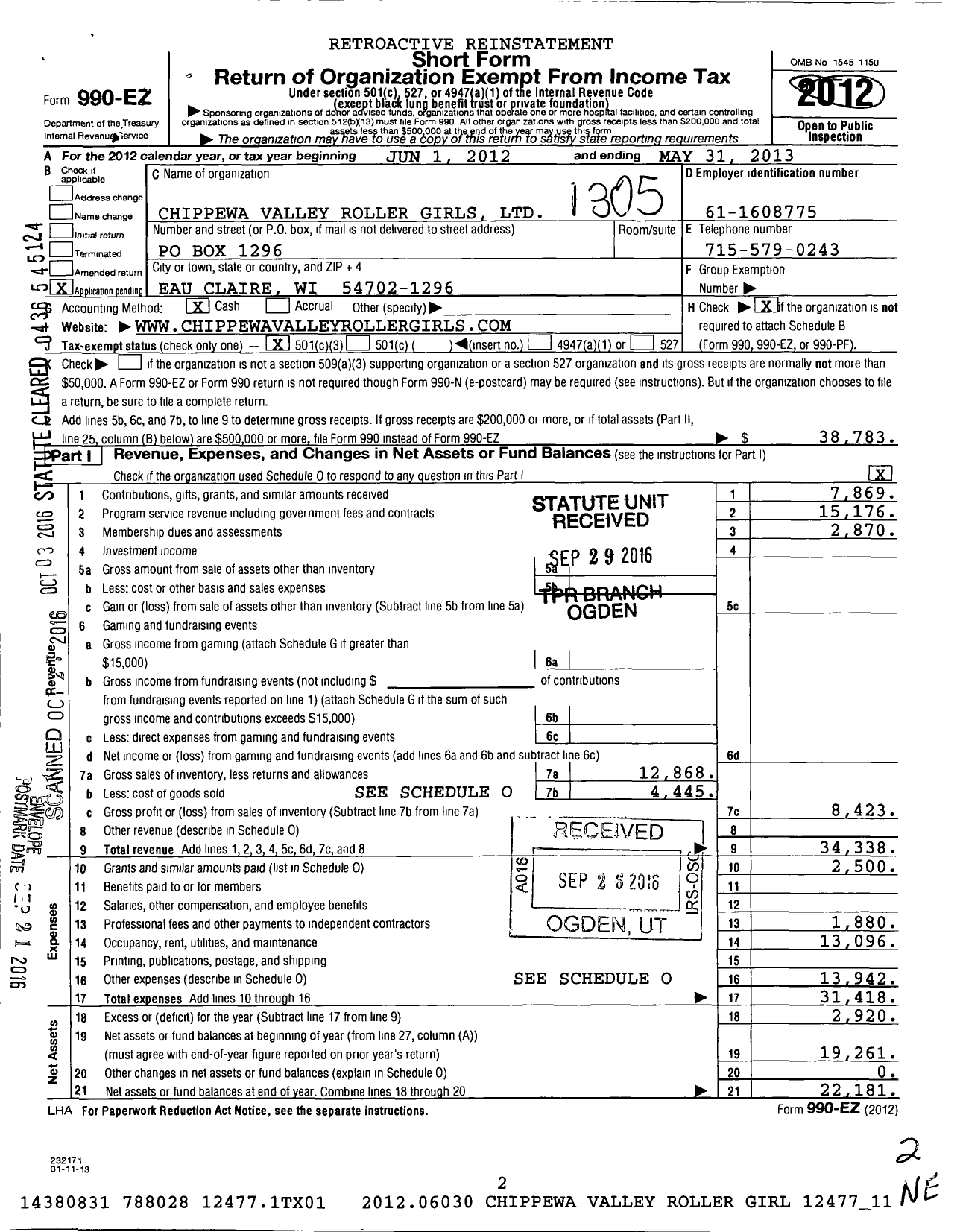 Image of first page of 2012 Form 990EZ for Chippewa Valley Roller Girls