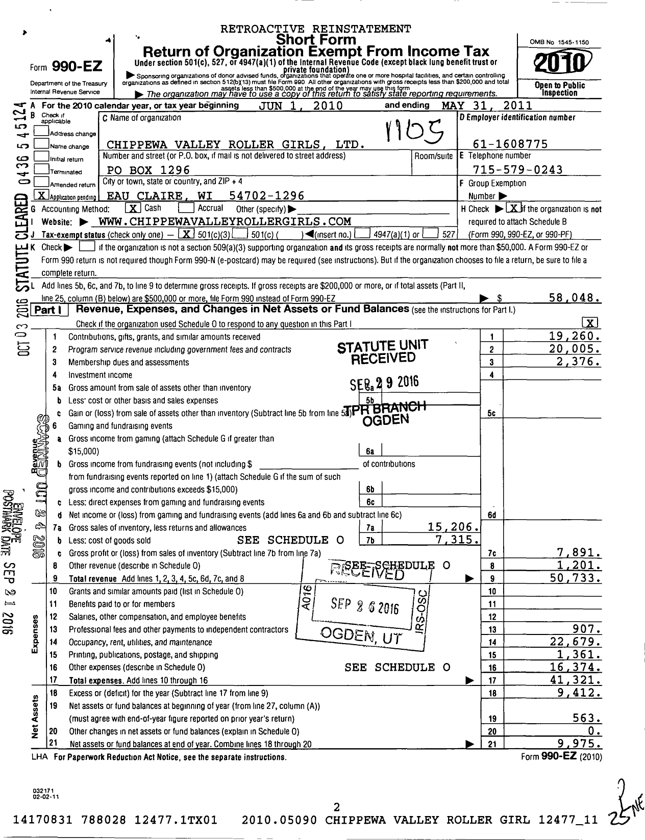 Image of first page of 2010 Form 990EZ for Chippewa Valley Roller Girls