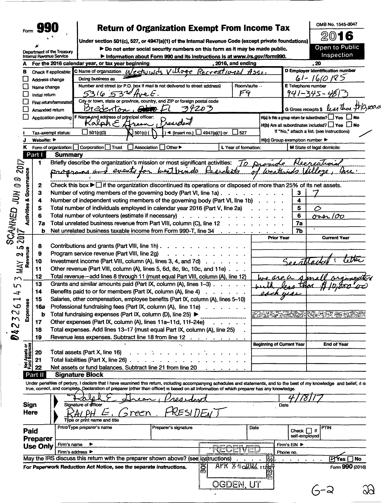 Image of first page of 2016 Form 990O for Westwinds Village Adult Recreation Association