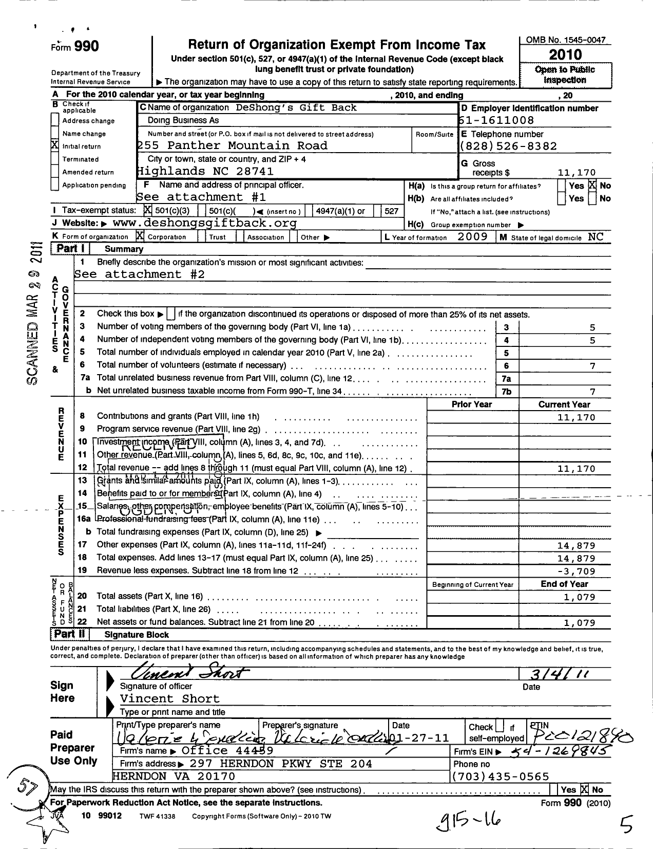 Image of first page of 2010 Form 990 for Deshongs Gift Back