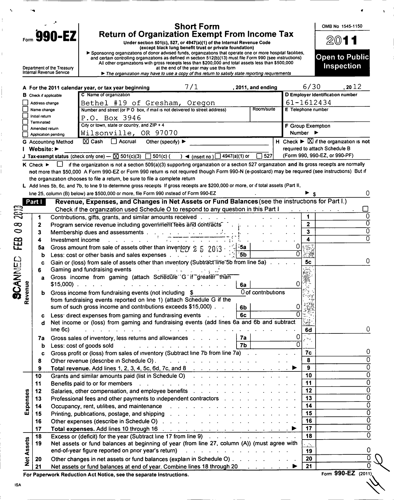 Image of first page of 2011 Form 990EZ for Jobs Daughters International - 19 Bethel