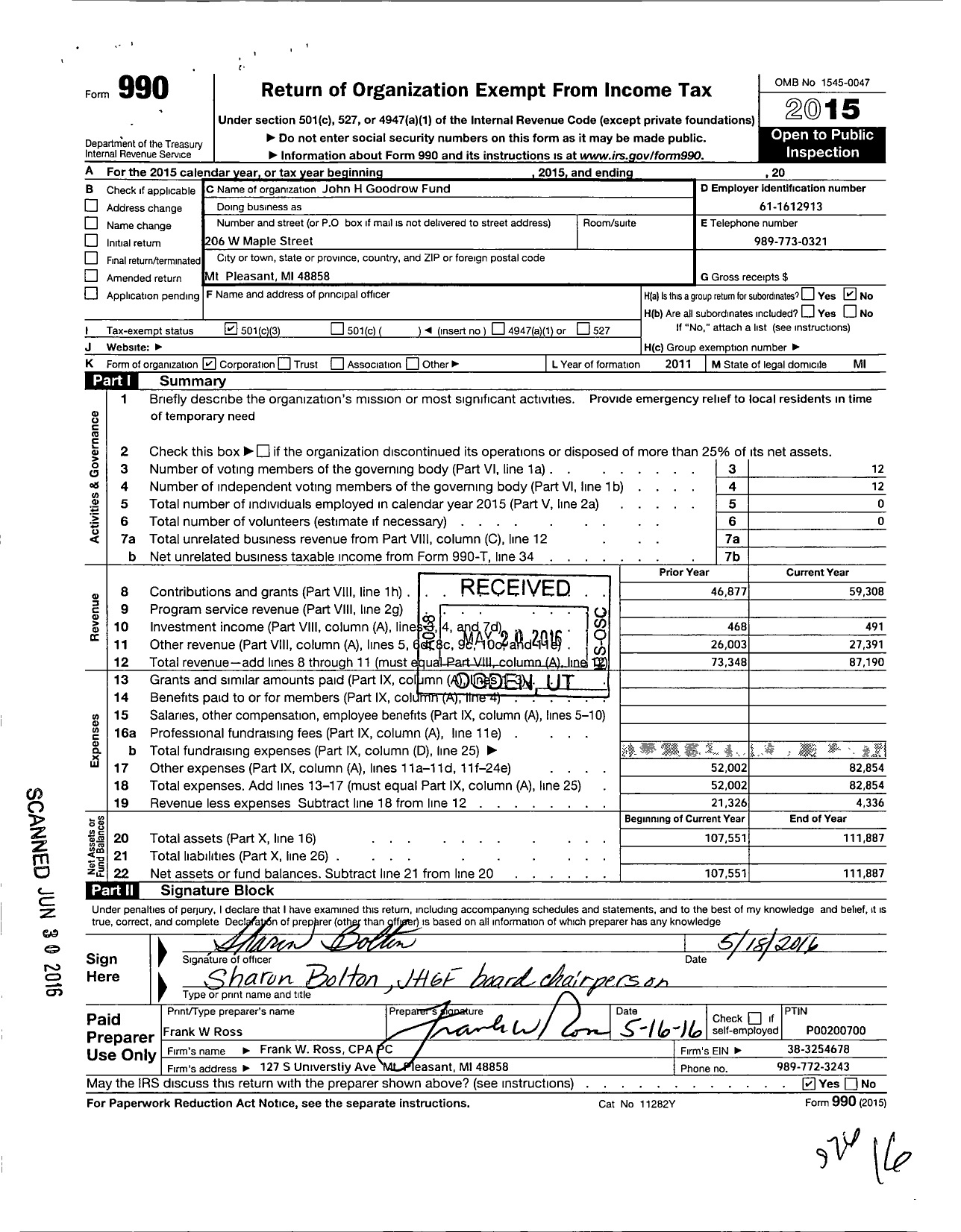 Image of first page of 2015 Form 990 for John H Goodrow Fund