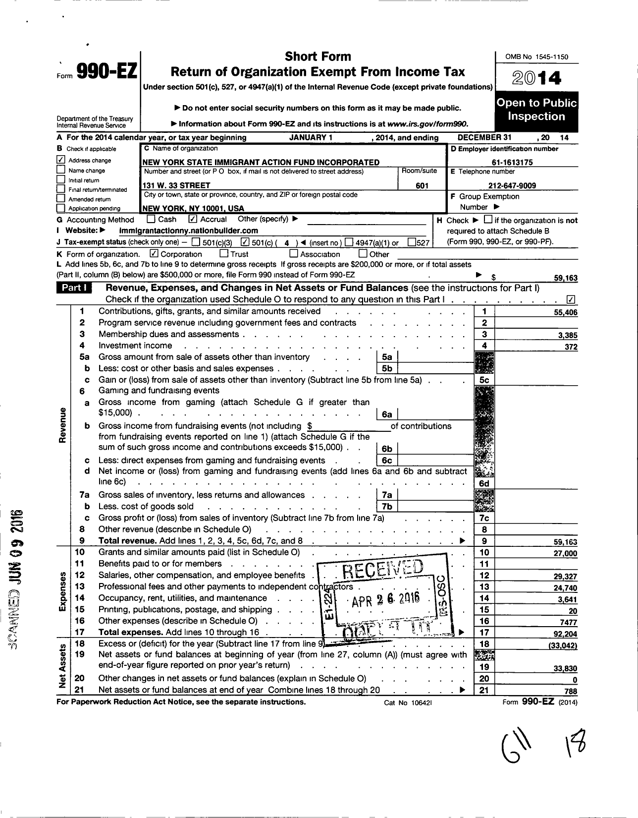 Image of first page of 2014 Form 990EO for New York State Immigrant Action Fund Incorporated