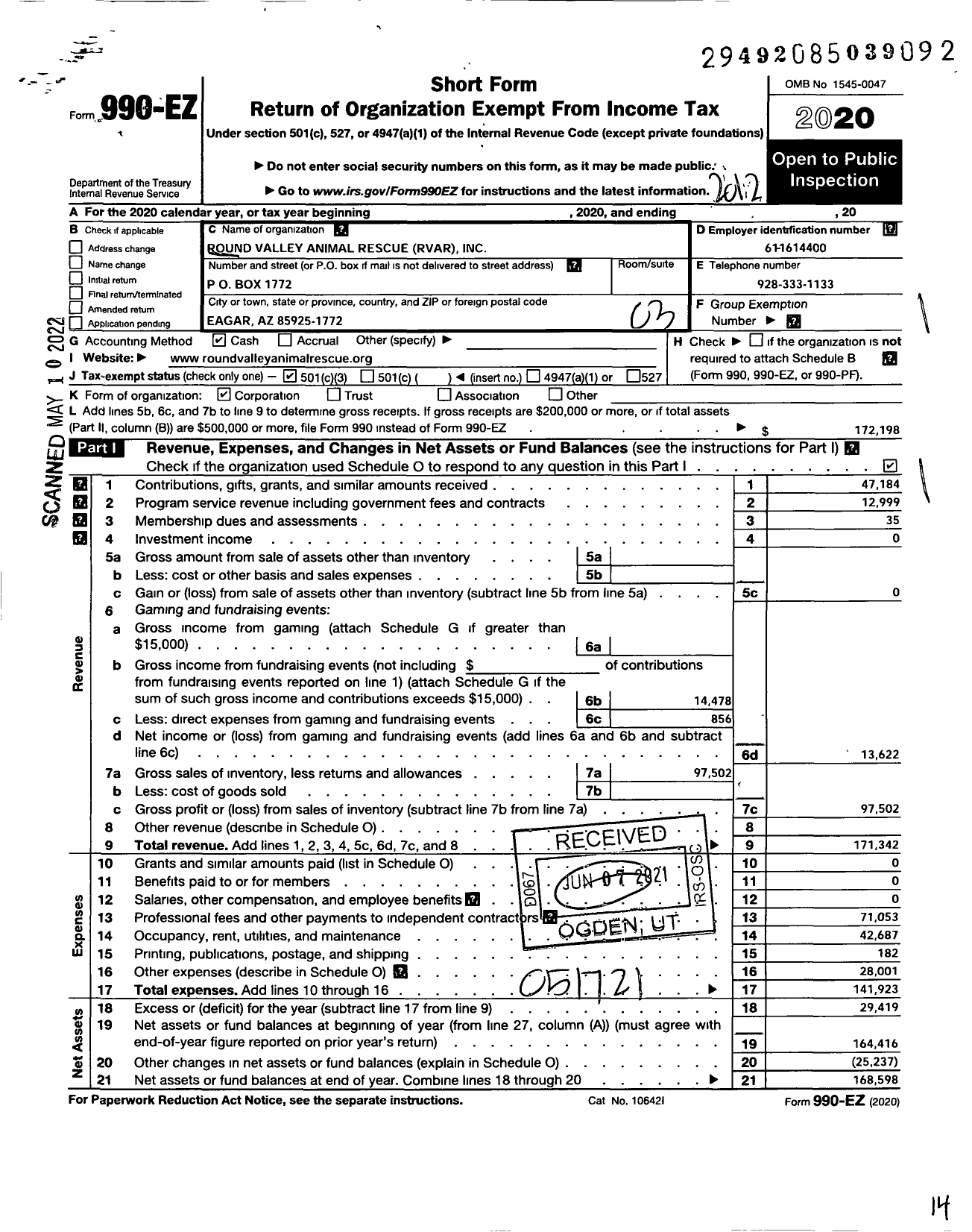 Image of first page of 2020 Form 990EZ for Round Valley Animal Rescue