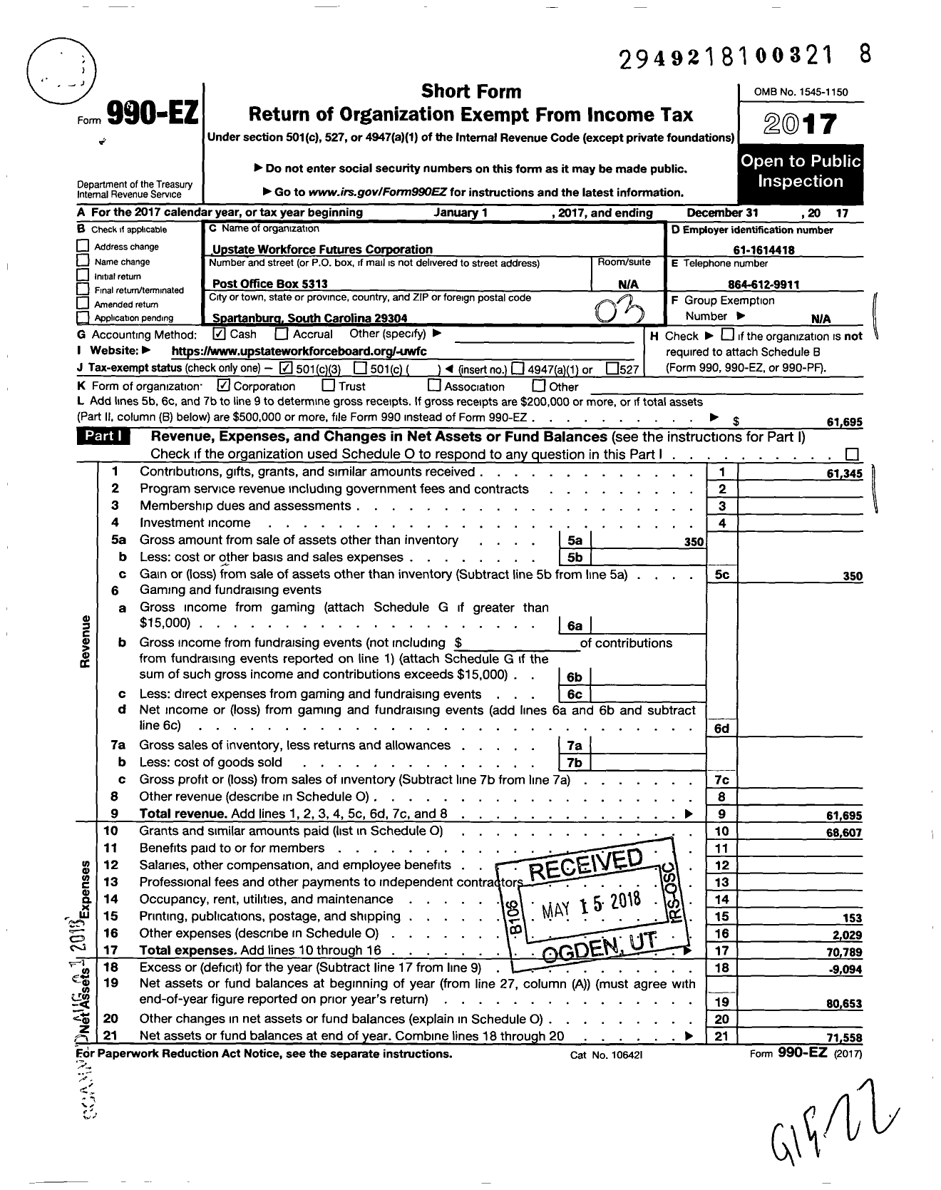 Image of first page of 2017 Form 990EZ for Upstate Workforce Futures Corporation