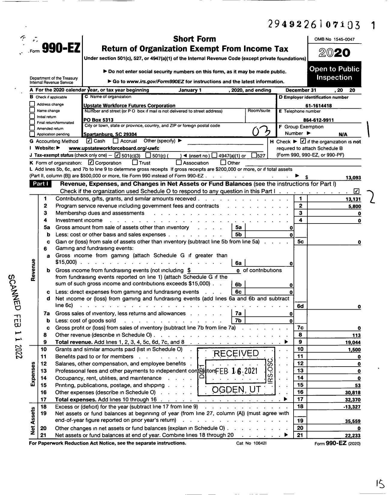 Image of first page of 2020 Form 990EZ for Upstate Workforce Board