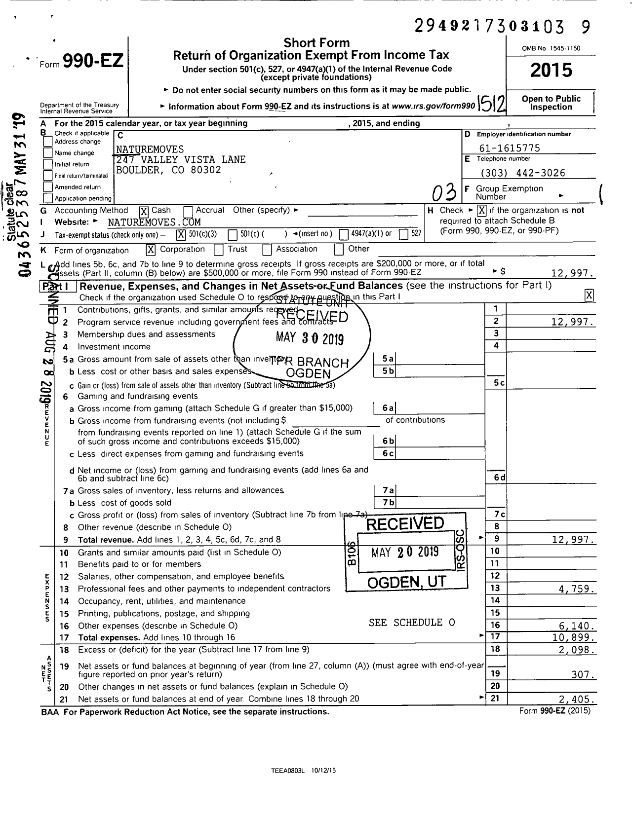 Image of first page of 2015 Form 990EZ for NatureMoves