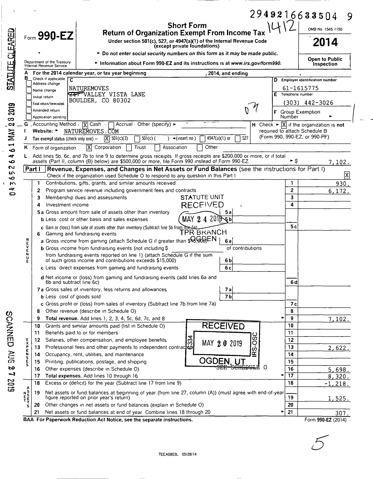 Image of first page of 2014 Form 990EZ for NatureMoves