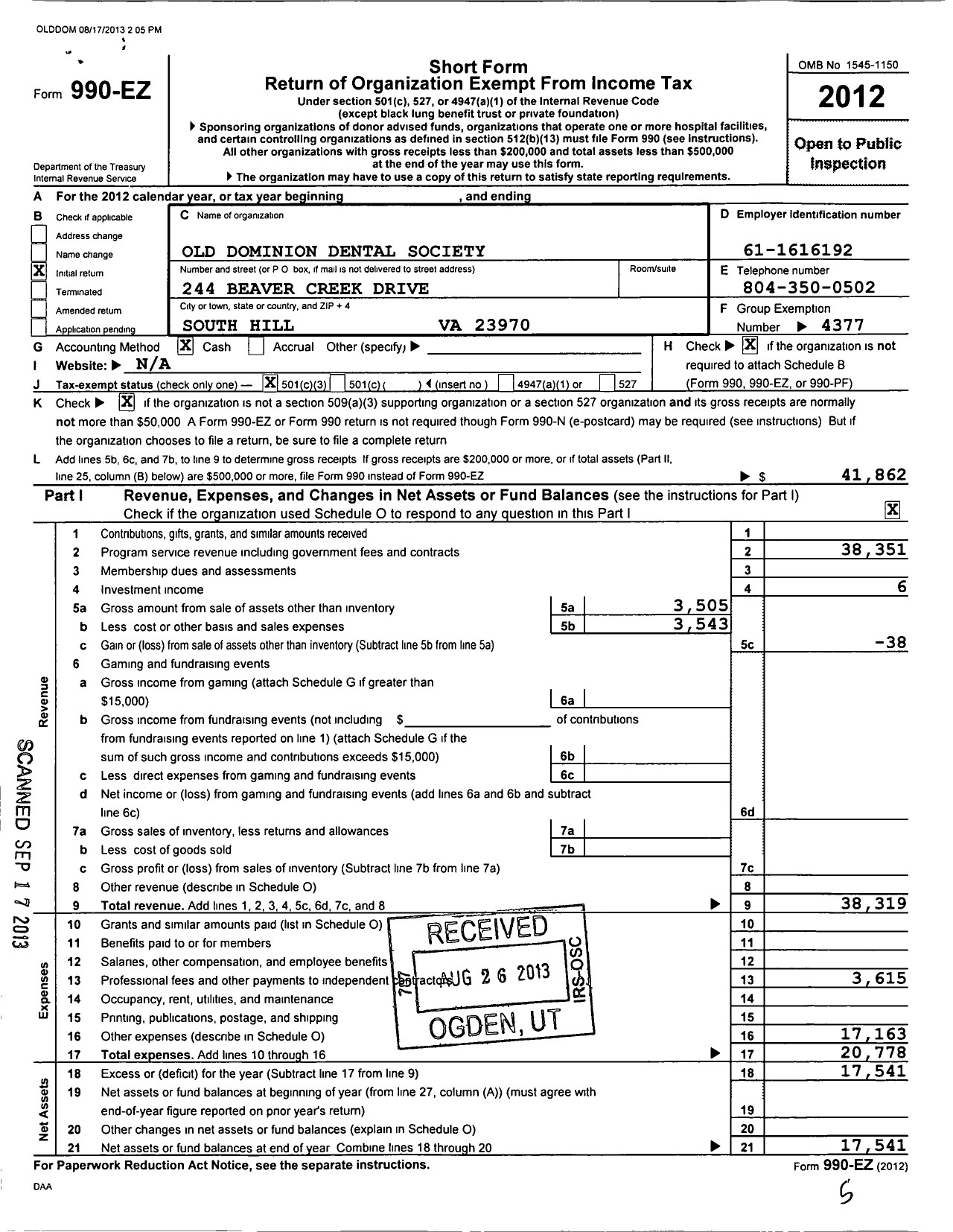 Image of first page of 2012 Form 990EZ for National Dental Association / Old Dominion Dental Society