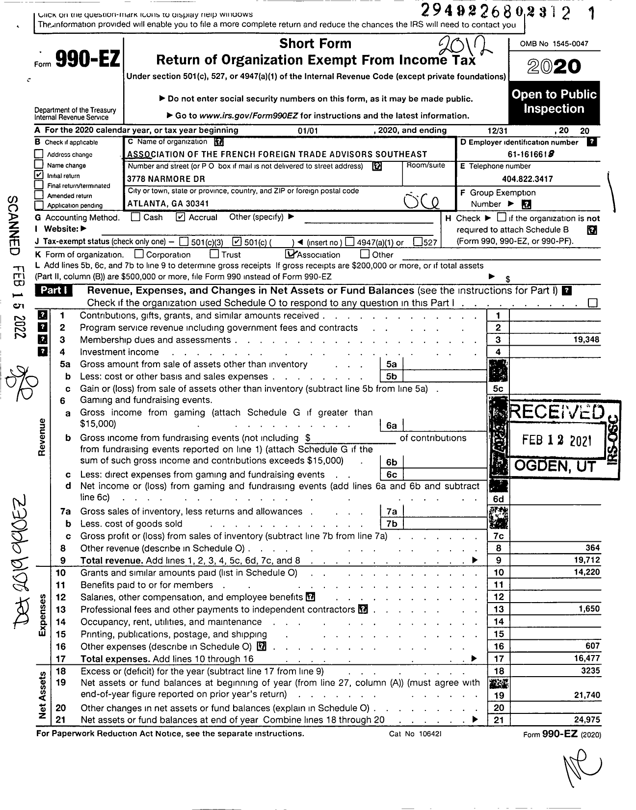 Image of first page of 2020 Form 990EO for The Association of the French Foreign Trade Advisors Southeast