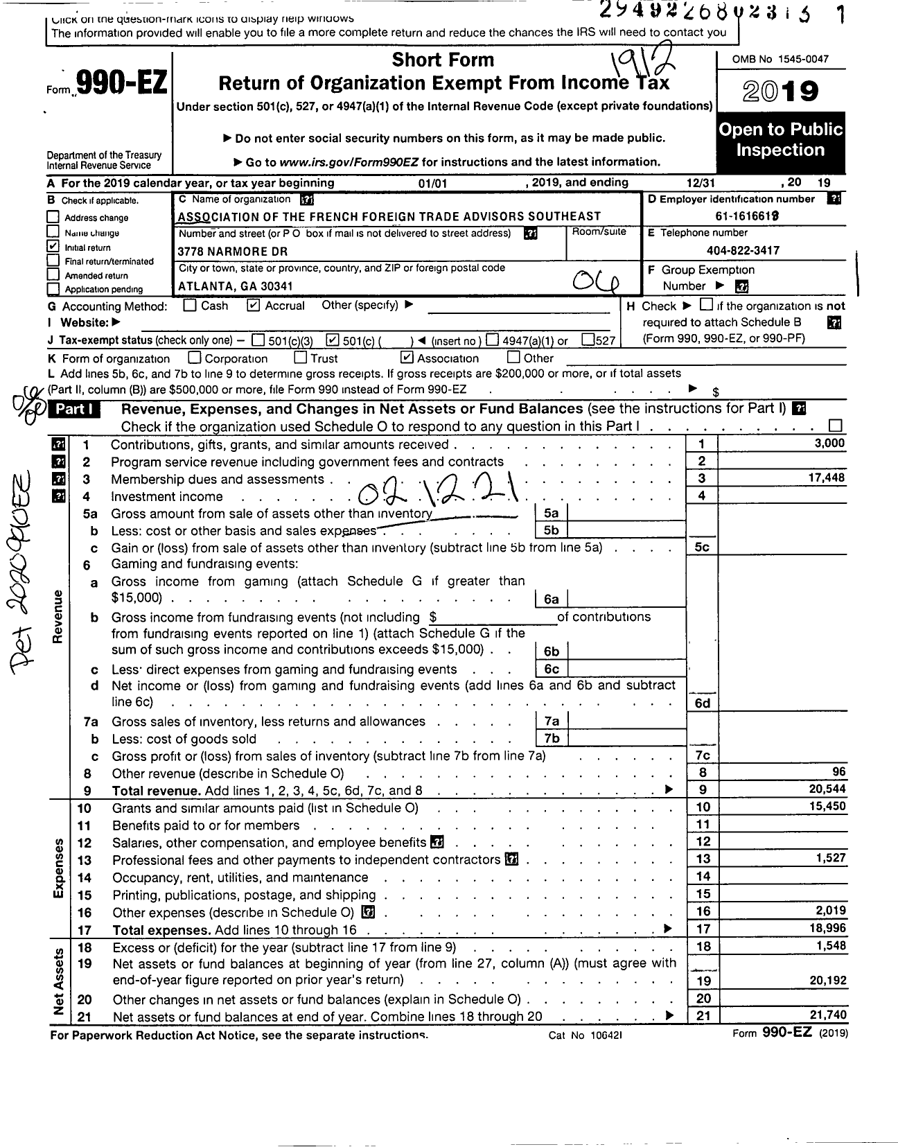 Image of first page of 2019 Form 990EO for The Association of the French Foreign Trade Advisors Southeast