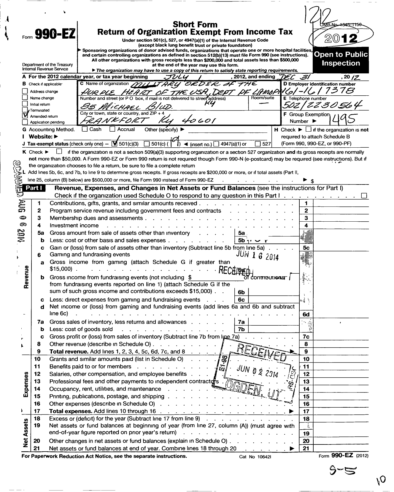 Image of first page of 2012 Form 990EO for Military Order of the Purple Heart - Mopha Ky Dept