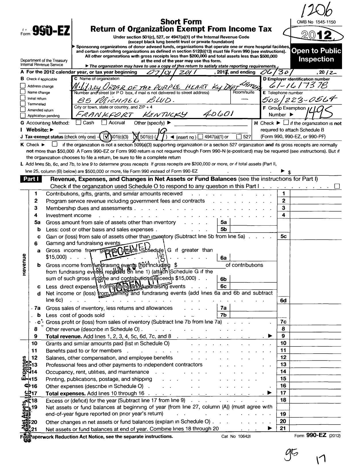 Image of first page of 2011 Form 990EO for Military Order of the Purple Heart - Mopha Ky Dept