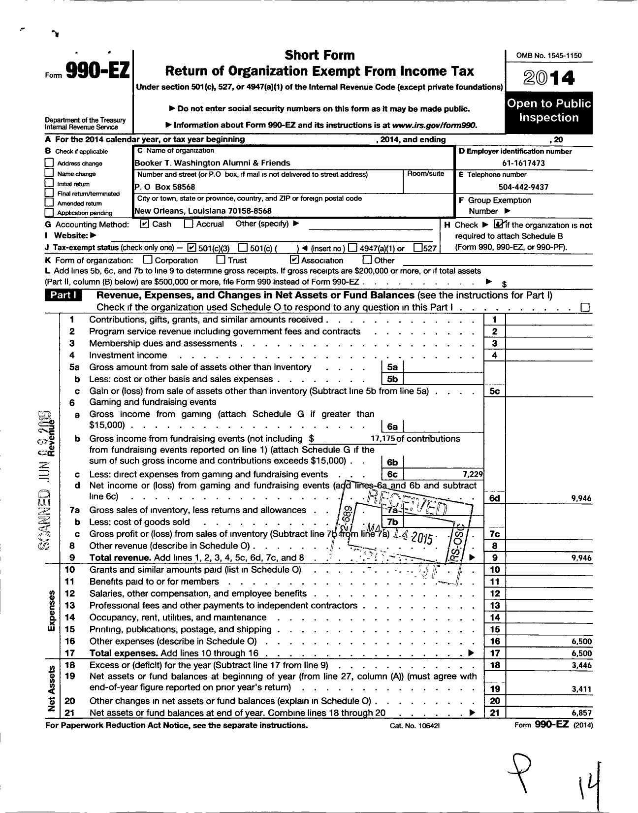 Image of first page of 2014 Form 990EZ for Booker T Washington Alumni and Friends