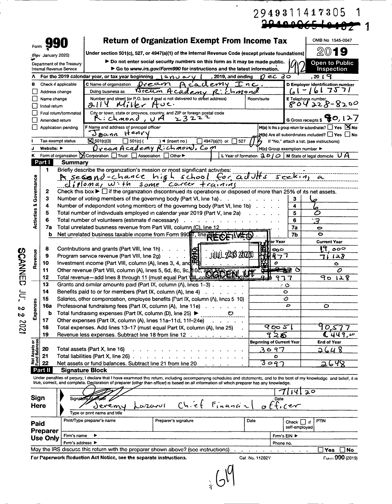 Image of first page of 2019 Form 990 for Dream Academy Richmond