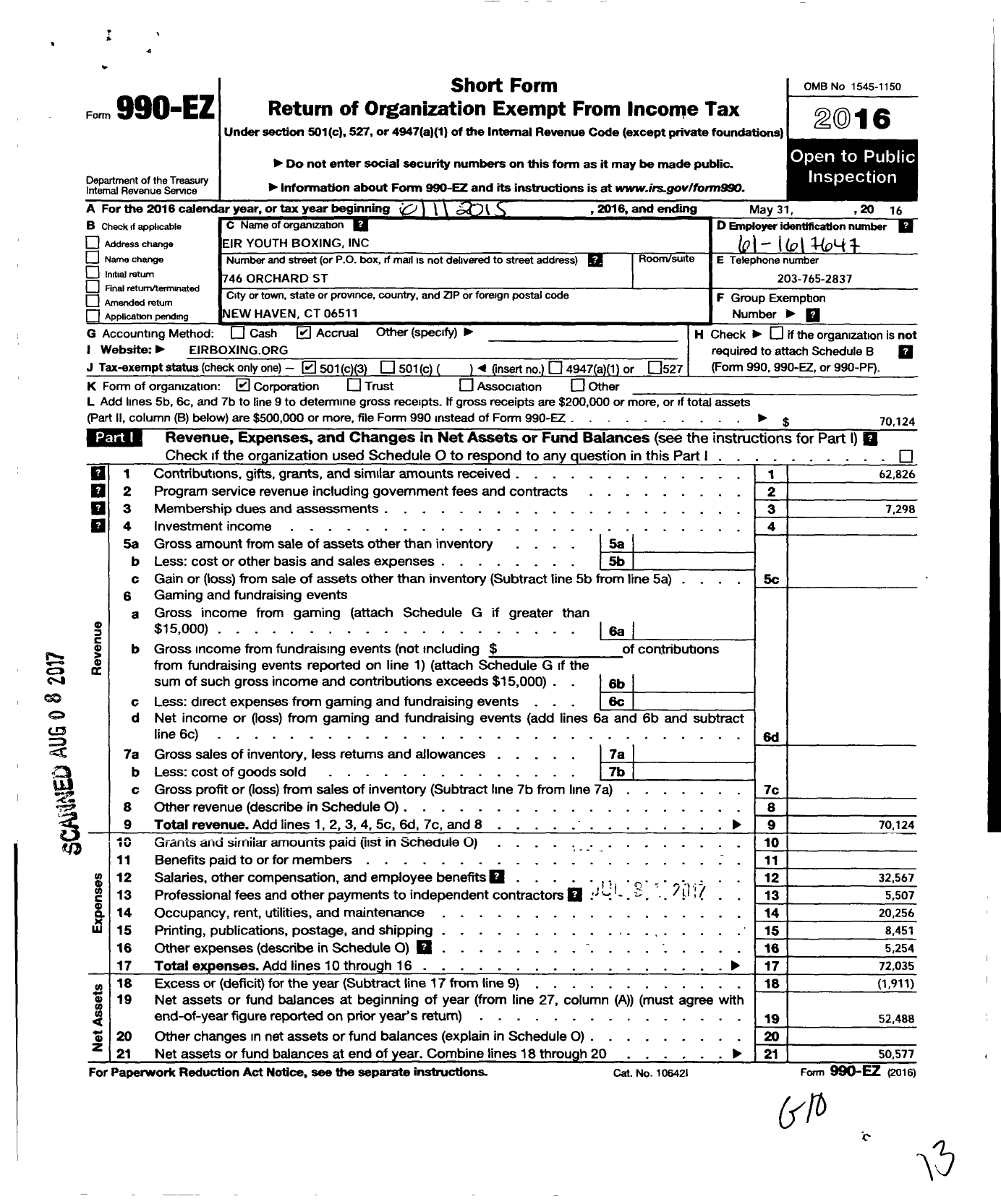 Image of first page of 2015 Form 990EZ for EIR Urban Youth Boxing