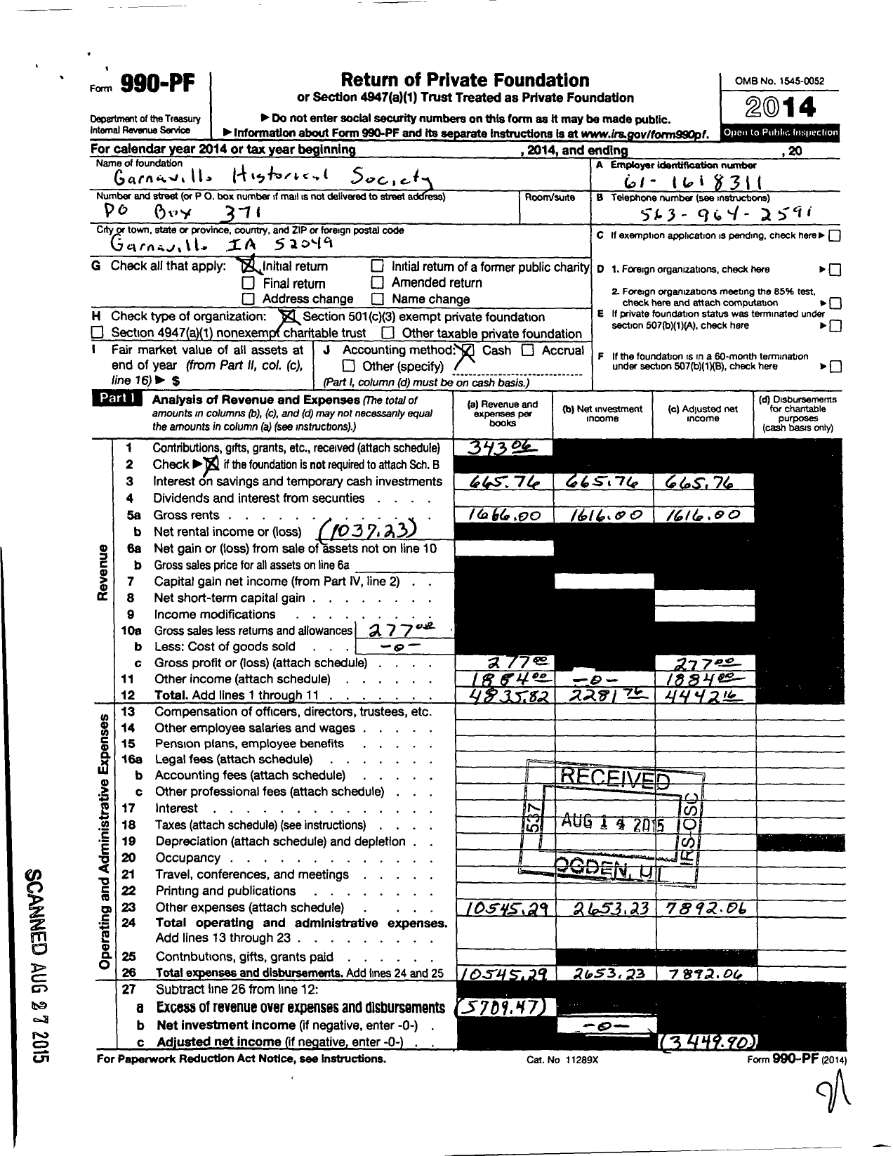 Image of first page of 2014 Form 990PF for Garnavillo Historical Society