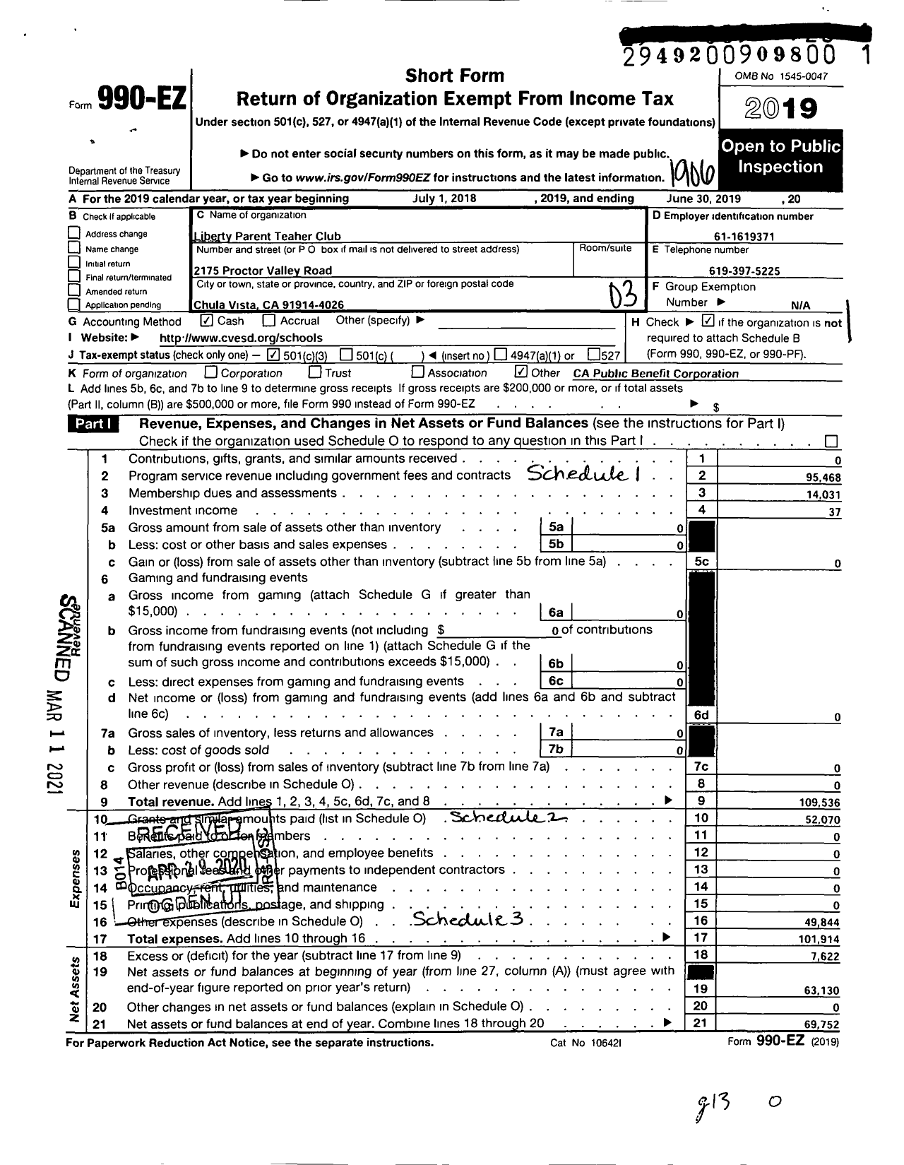 Image of first page of 2018 Form 990EZ for Liberty Parent Teacher Committee