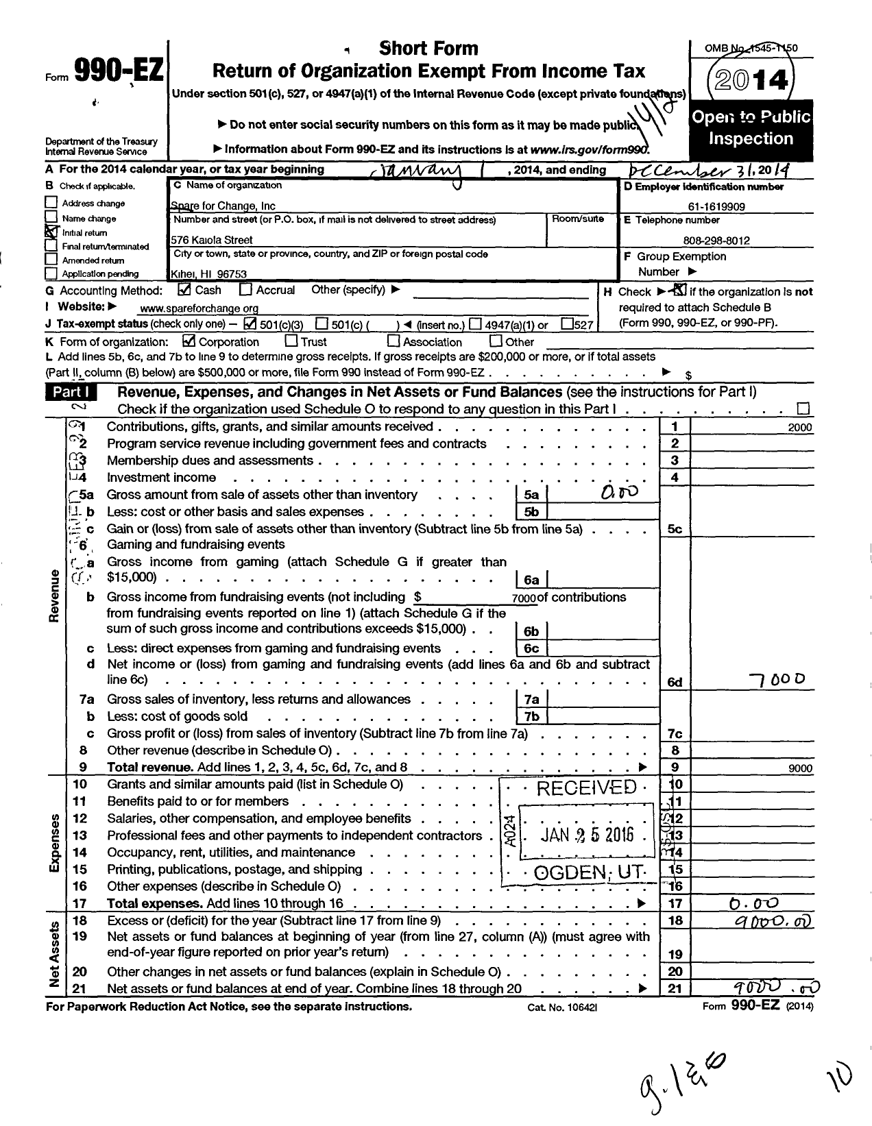 Image of first page of 2014 Form 990EZ for Spare for Change