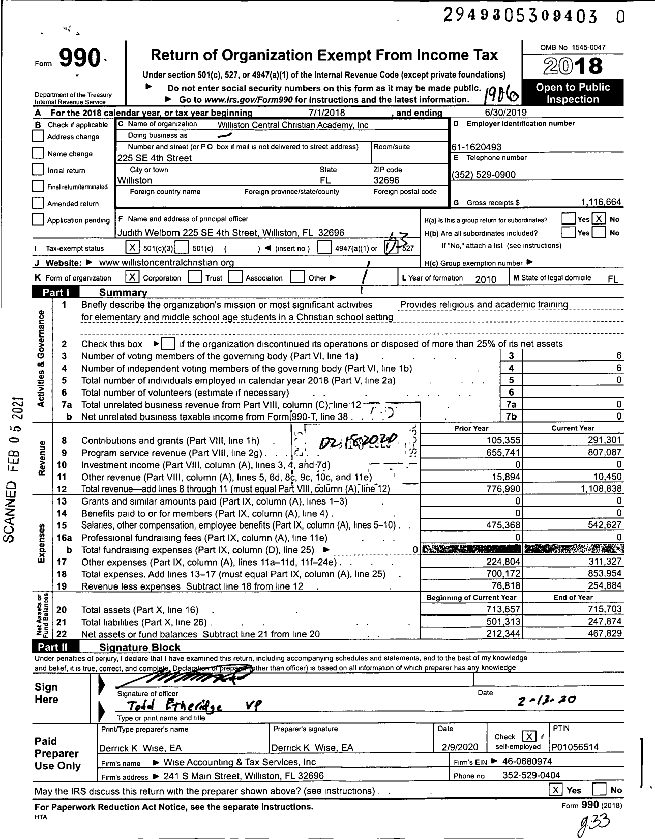 Image of first page of 2018 Form 990 for Williston Central Christian Academy