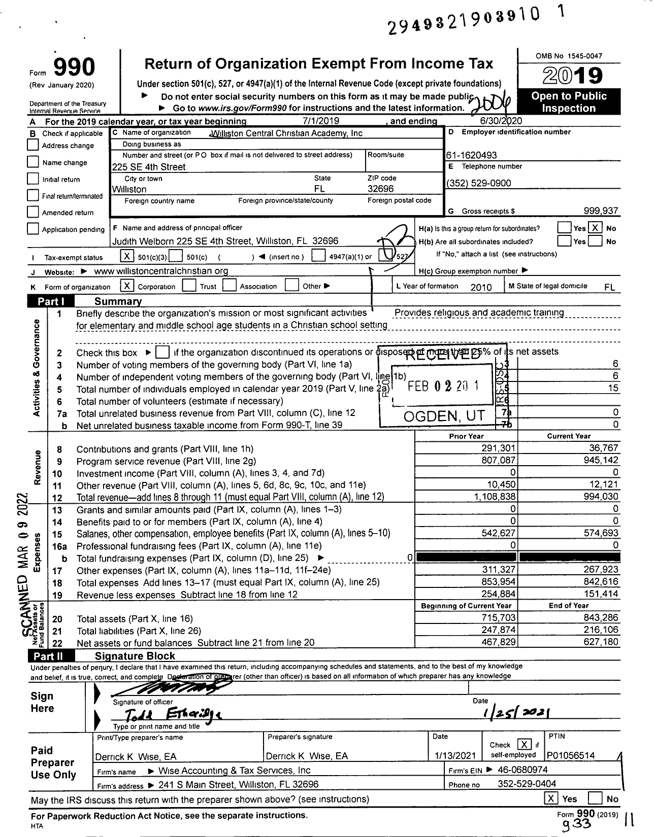 Image of first page of 2019 Form 990 for Williston Central Christian Academy