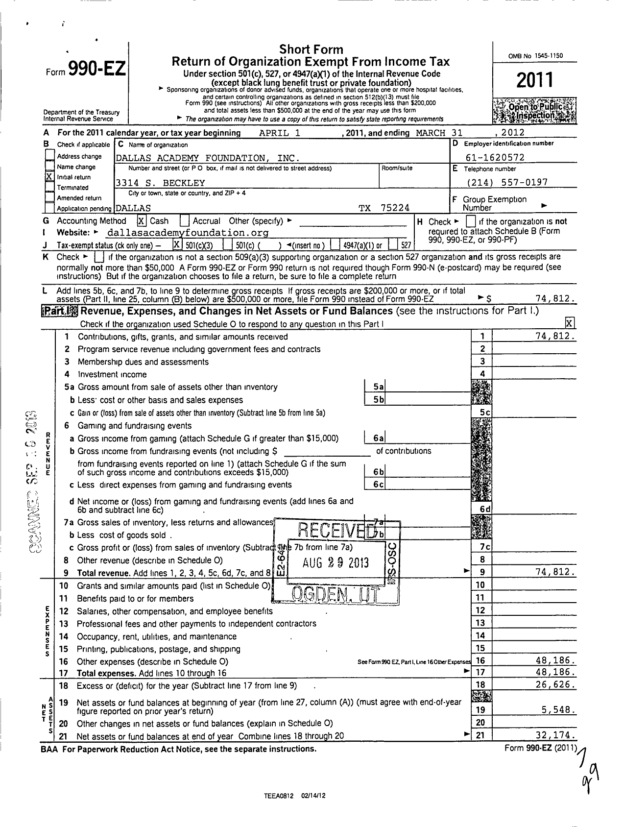 Image of first page of 2011 Form 990EZ for Dallas Academy Foundation