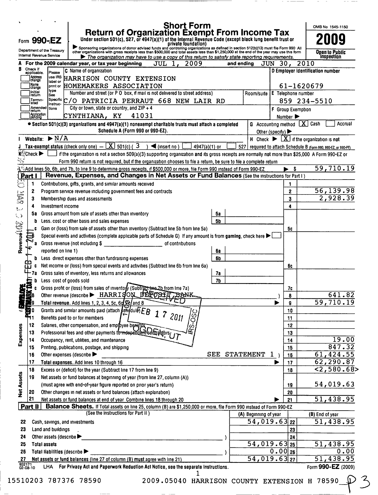 Image of first page of 2009 Form 990EZ for Harrison County Extension Homemakers