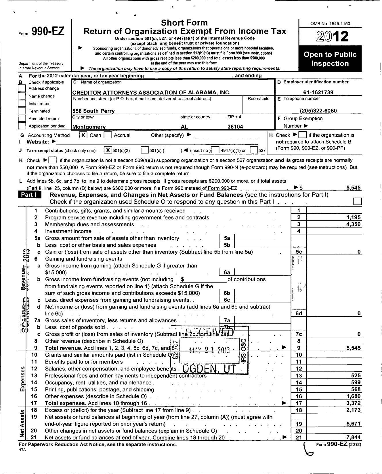 Image of first page of 2012 Form 990EZ for Creditor Attorneys Association of Alabama