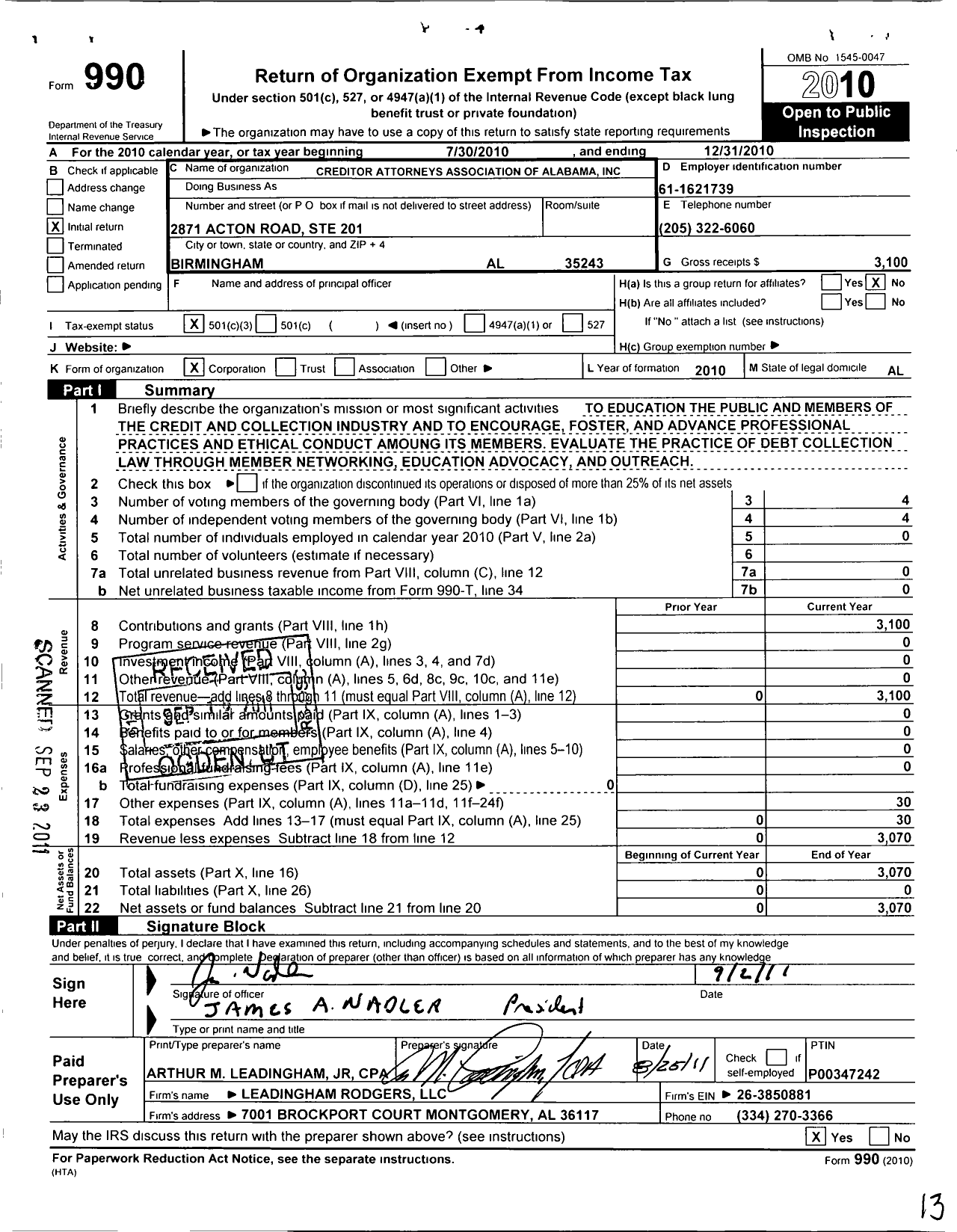 Image of first page of 2010 Form 990 for Creditor Attorneys Association of Alabama