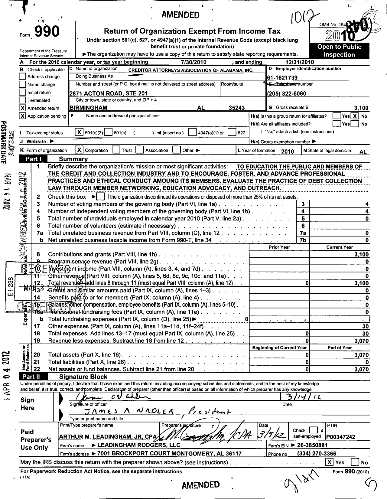 Image of first page of 2010 Form 990 for Creditor Attorneys Association of Alabama