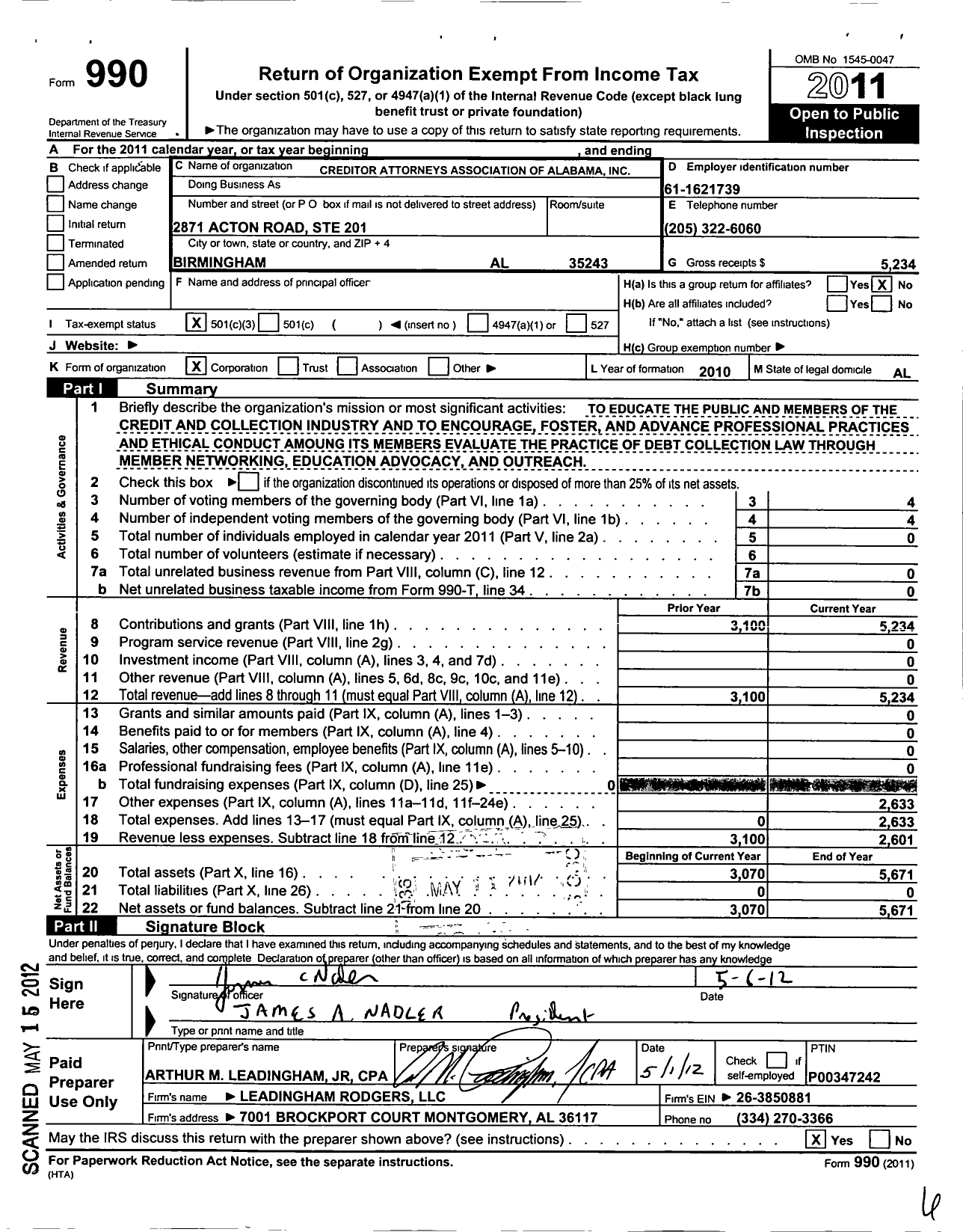 Image of first page of 2011 Form 990 for Creditor Attorneys Association of Alabama