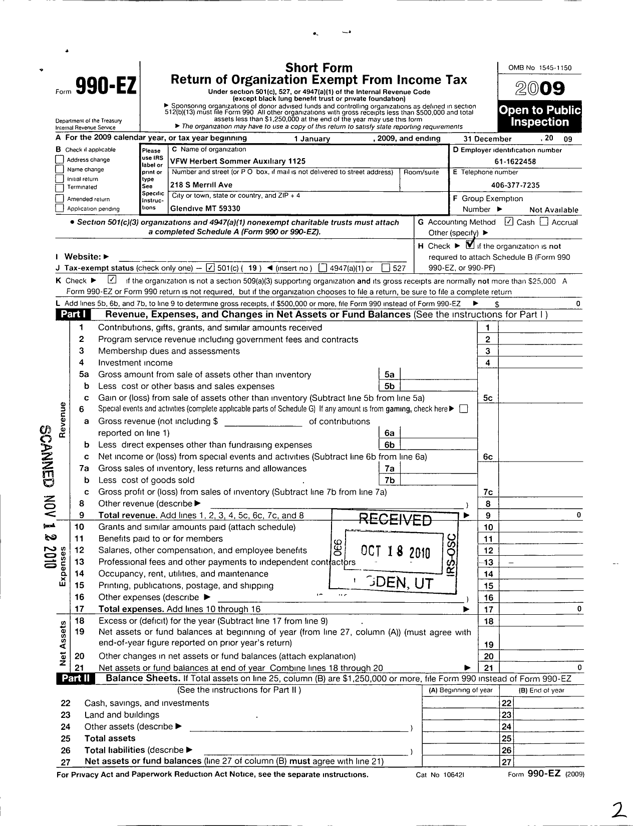 Image of first page of 2009 Form 990EO for Department of Montana Ladies Auxiliary To the VFW of the U S