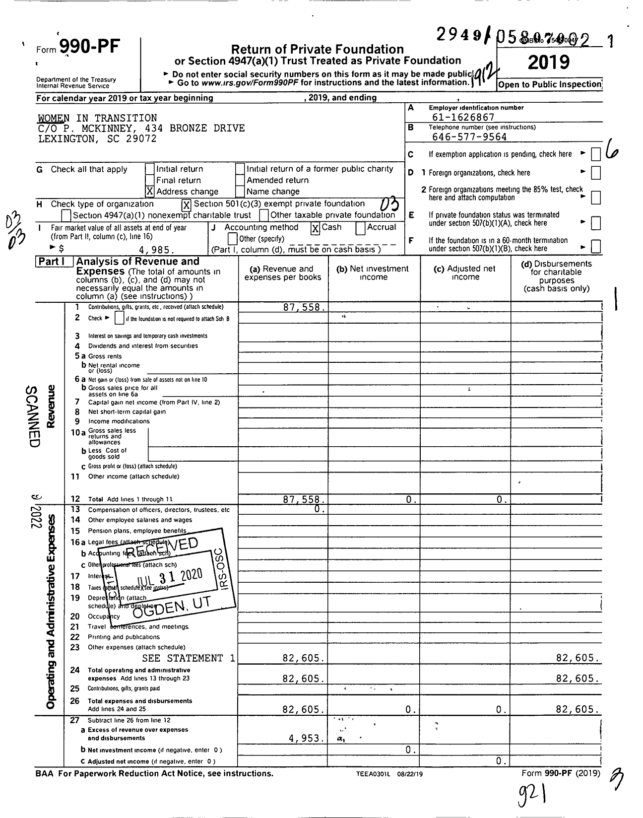 Image of first page of 2019 Form 990PF for Patricia McKinney Foundation