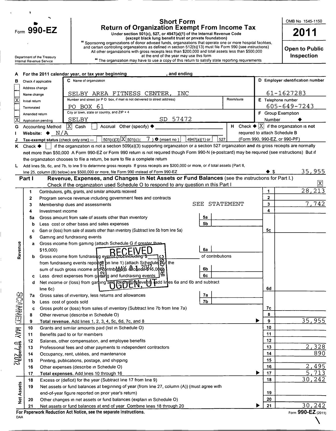 Image of first page of 2011 Form 990EO for Selby Area Fitness Center