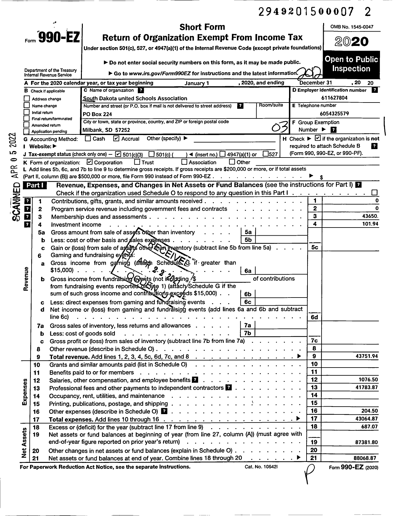 Image of first page of 2020 Form 990EZ for South Dakota United Schools Association