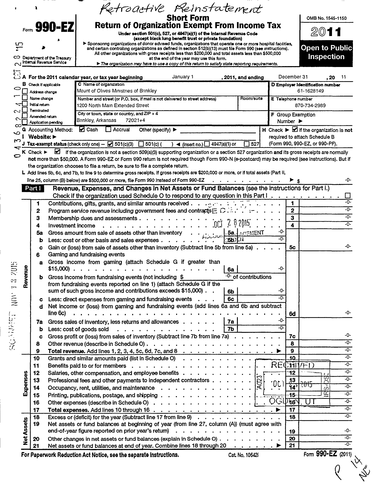 Image of first page of 2011 Form 990EZ for Mount of Olives Ministries of Brinkley