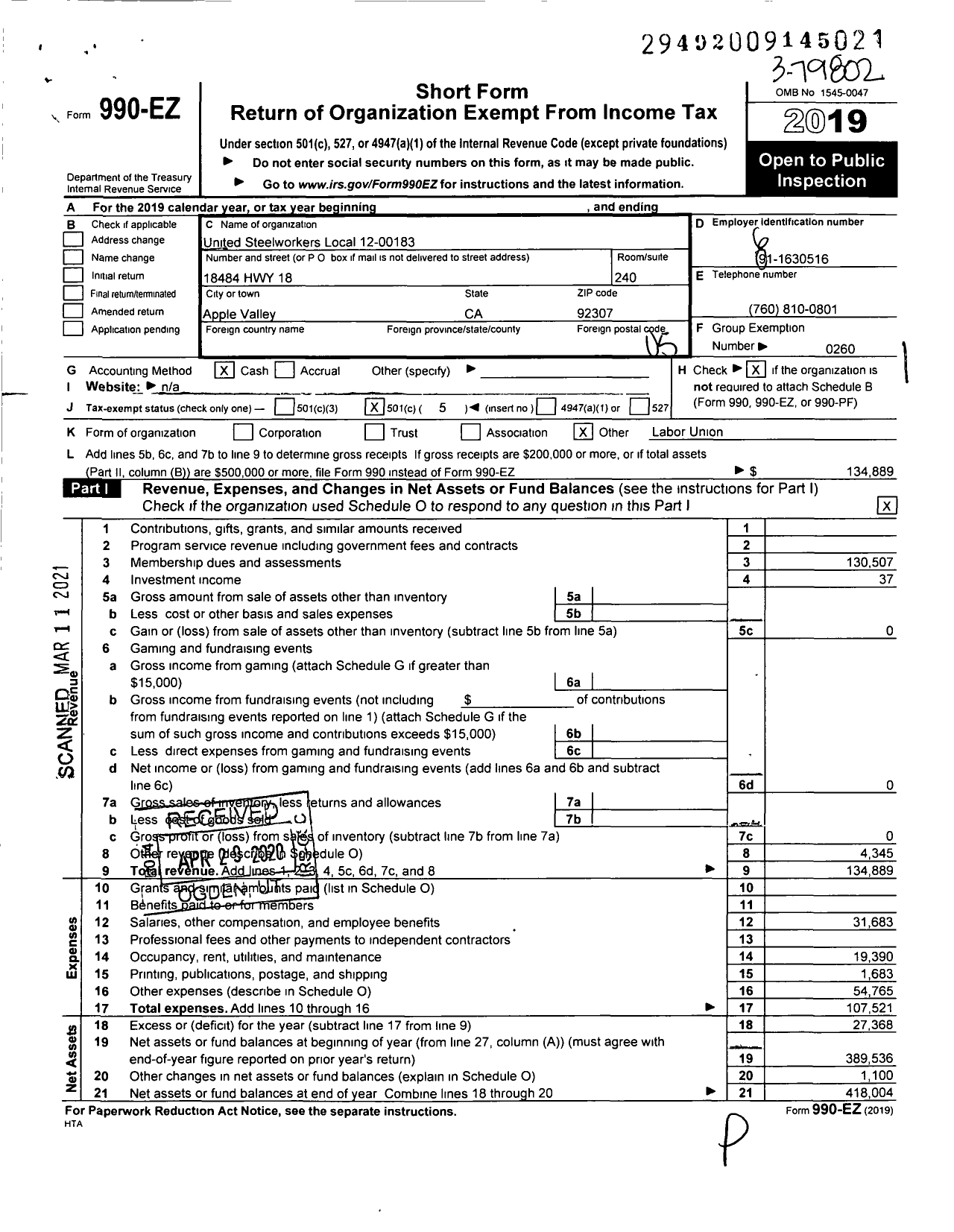 Image of first page of 2019 Form 990EO for United Steelworkers - 183 Local