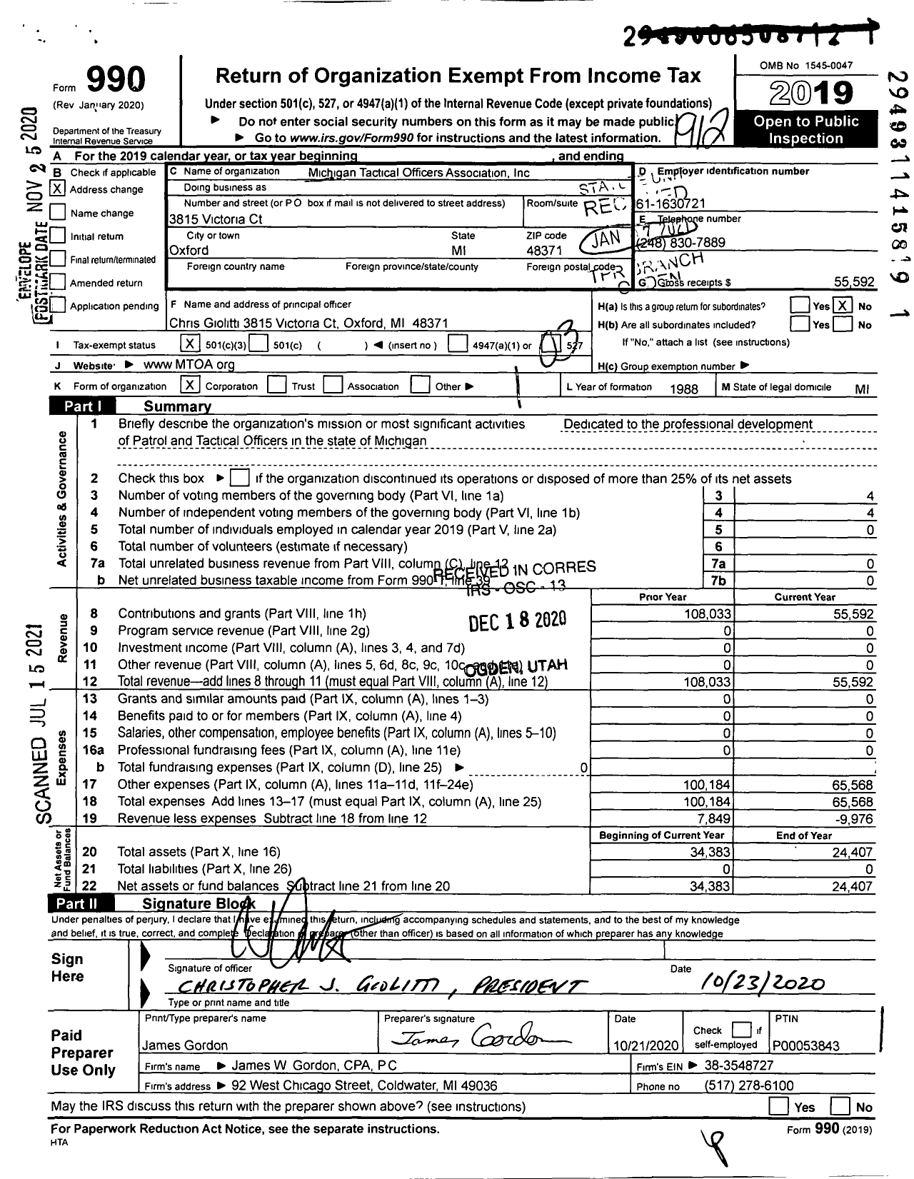 Image of first page of 2019 Form 990 for Michigan Tactical Officers Association