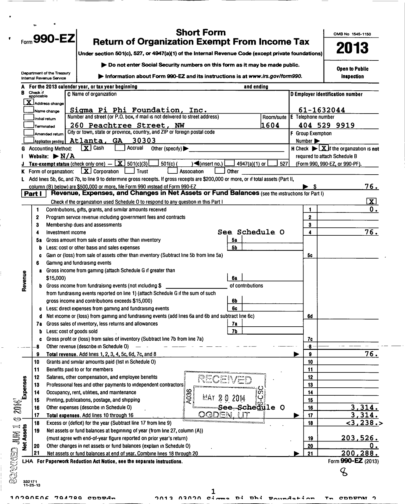 Image of first page of 2013 Form 990EZ for Sigma Pi Phi Foundation