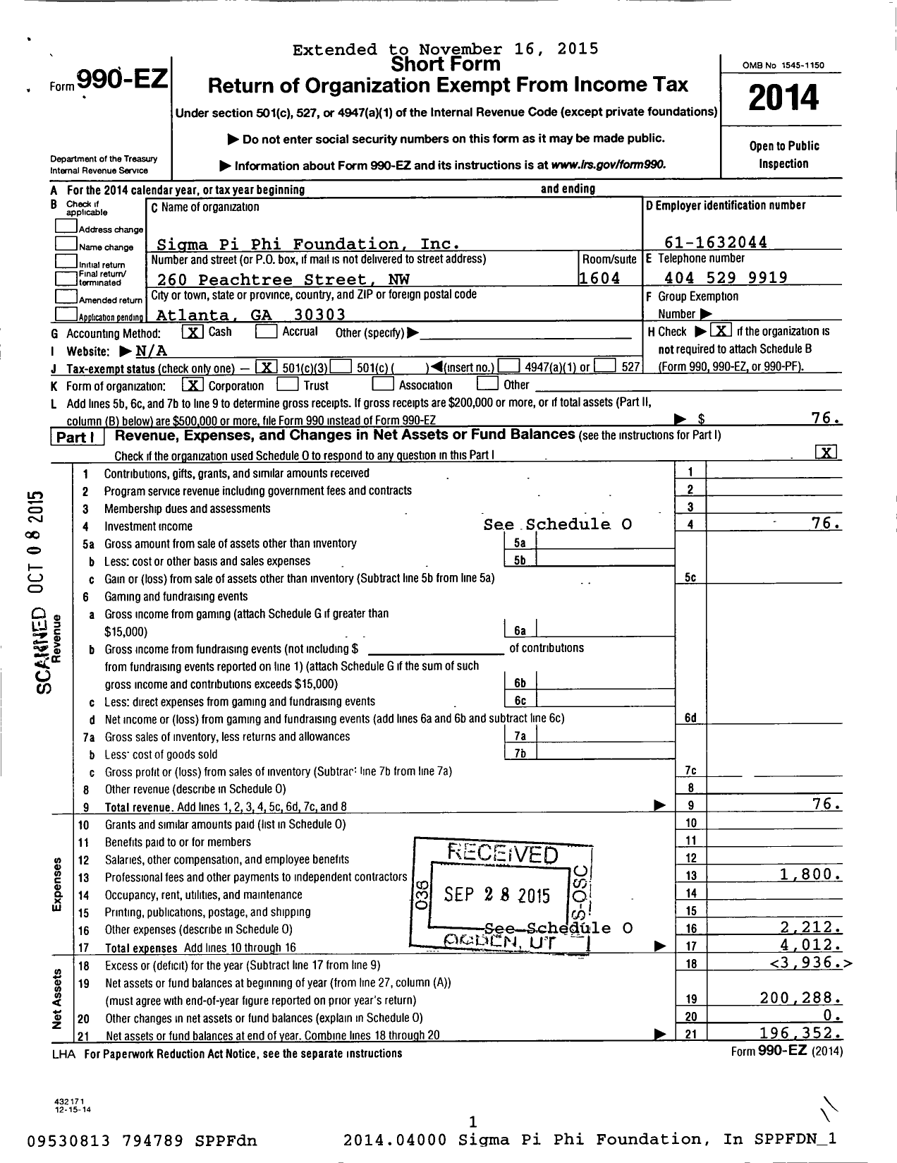 Image of first page of 2014 Form 990EZ for Sigma Pi Phi Foundation