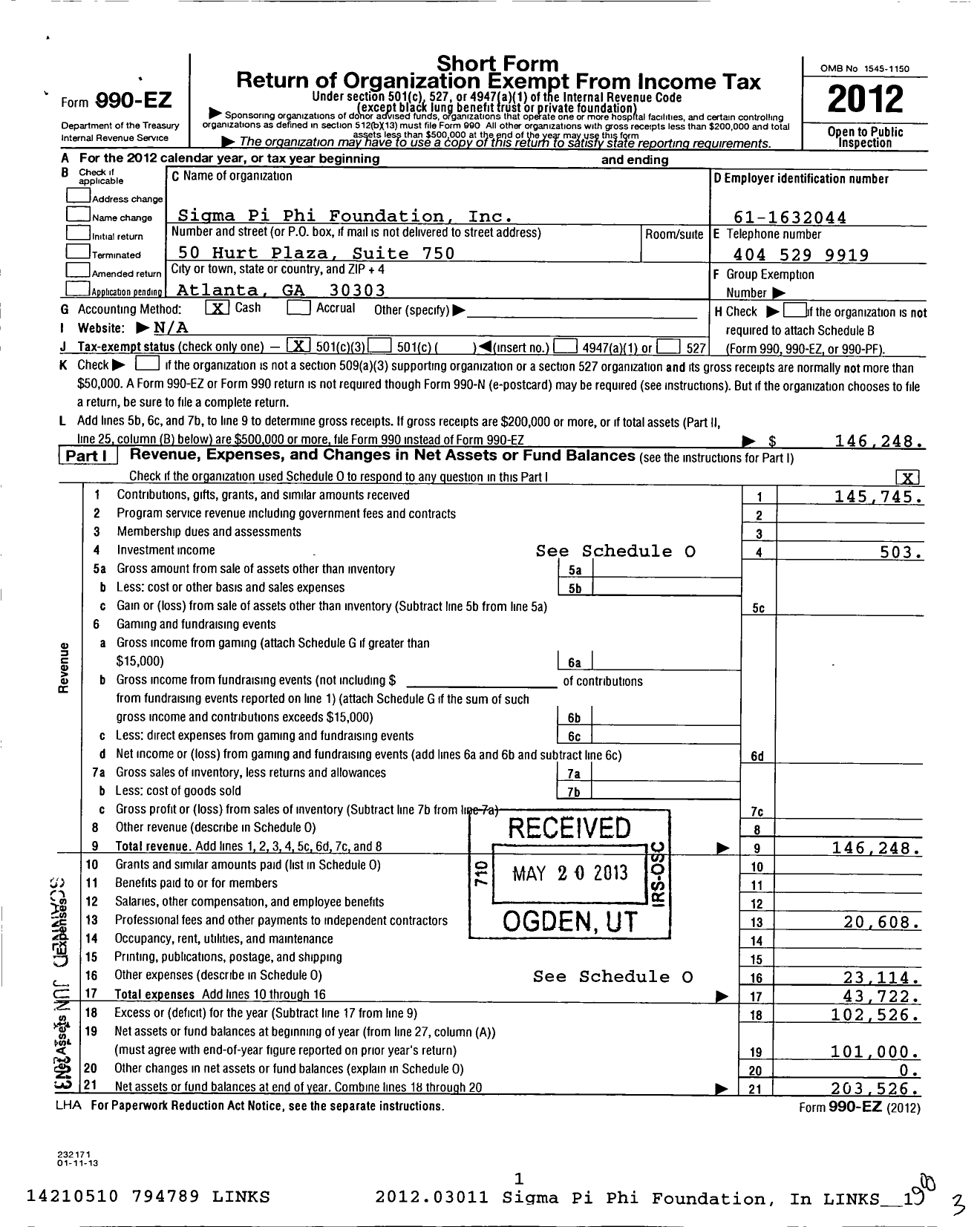 Image of first page of 2012 Form 990EZ for Sigma Pi Phi Foundation