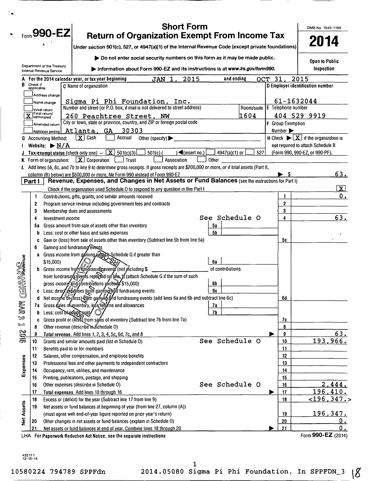 Image of first page of 2014 Form 990EZ for Sigma Pi Phi Foundation