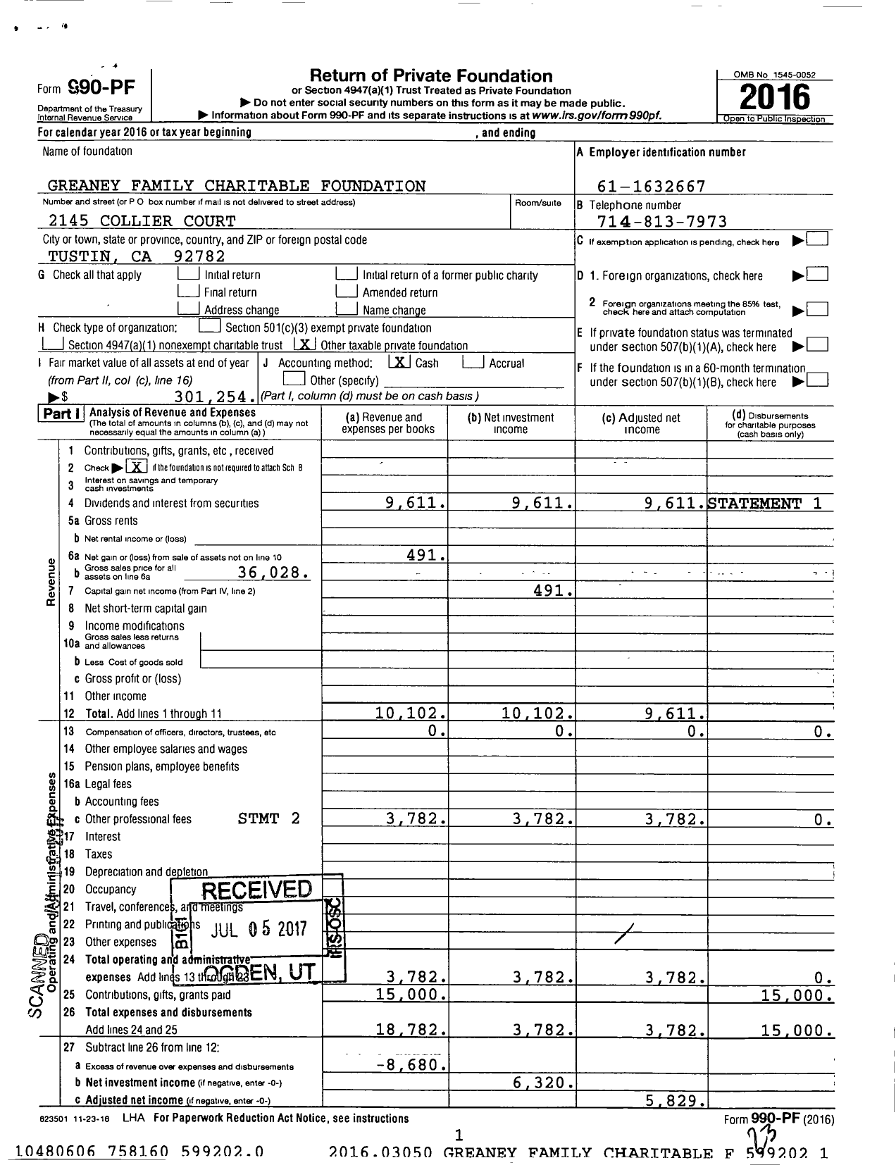 Image of first page of 2016 Form 990PF for Greaney Family Charitable Foundation