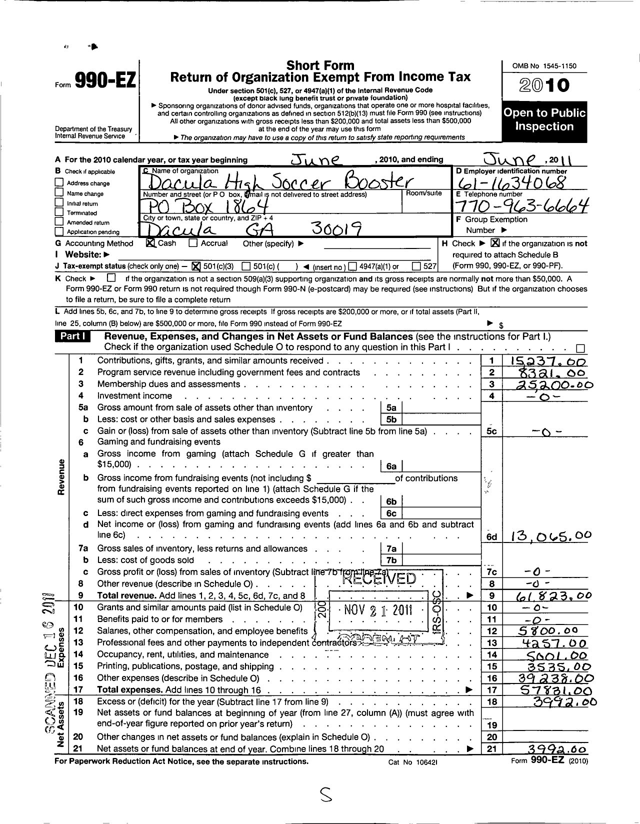 Image of first page of 2010 Form 990EZ for Parent Booster USA / Dacula High Soccer Booster