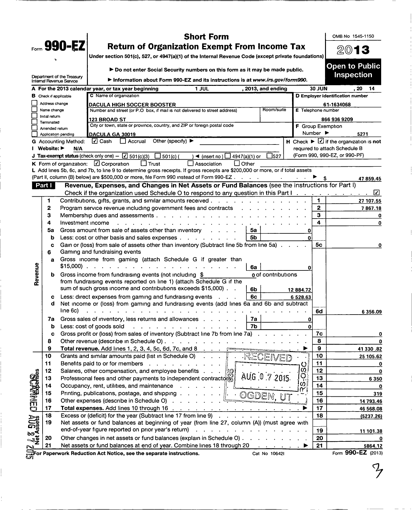 Image of first page of 2013 Form 990EZ for Parent Booster USA / Dacula High Soccer Booster