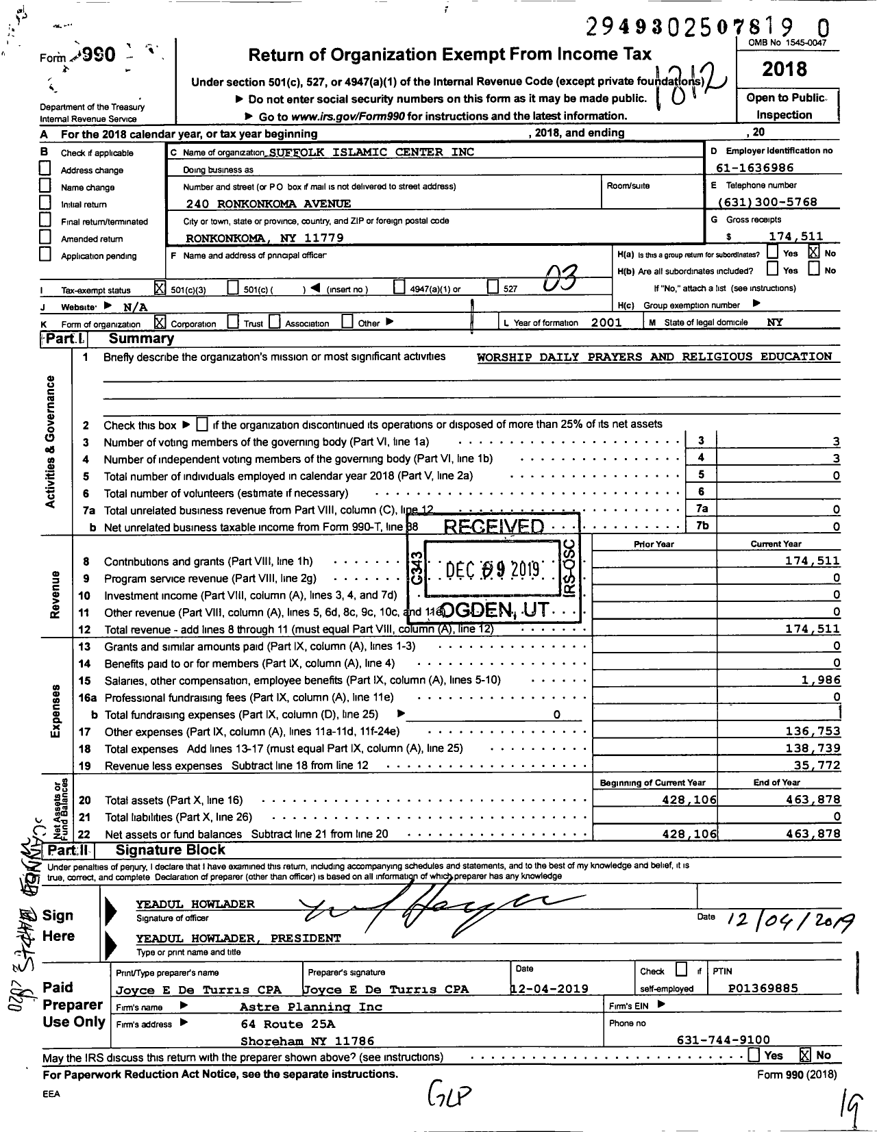 Image of first page of 2018 Form 990 for Suffolk Islamic Center